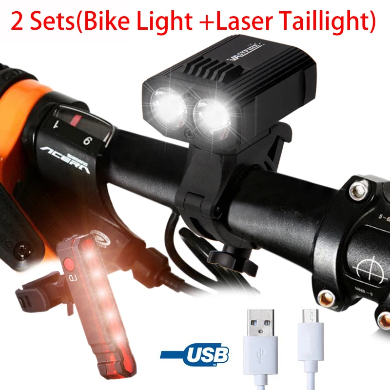 With Laser Taillight 2 шт./компл. Водонепроницаемый передний велосипедный Фонари 1200 люмен велосипед светодиодный головной светильник USB Перезаряжаемые велосипед светильник 5 режимов Велоспорт вспышки света светильник - Цвет: With Laser Taillight