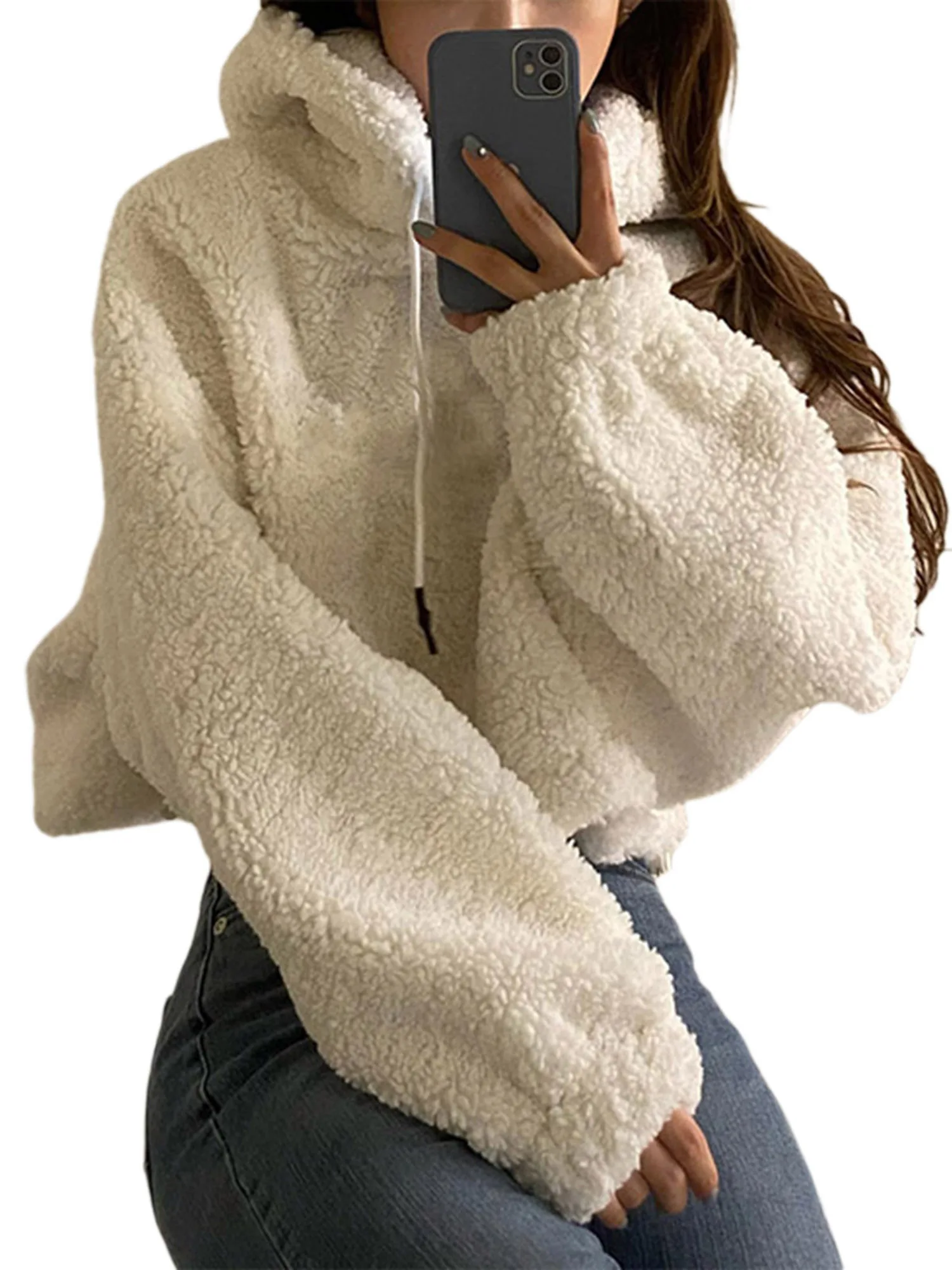 New Style Women'S Fuzzy Wool Sweatshirt Casual Long Sleeve Drawstring Hem Solid Color Crop Top Hoodie Fashion