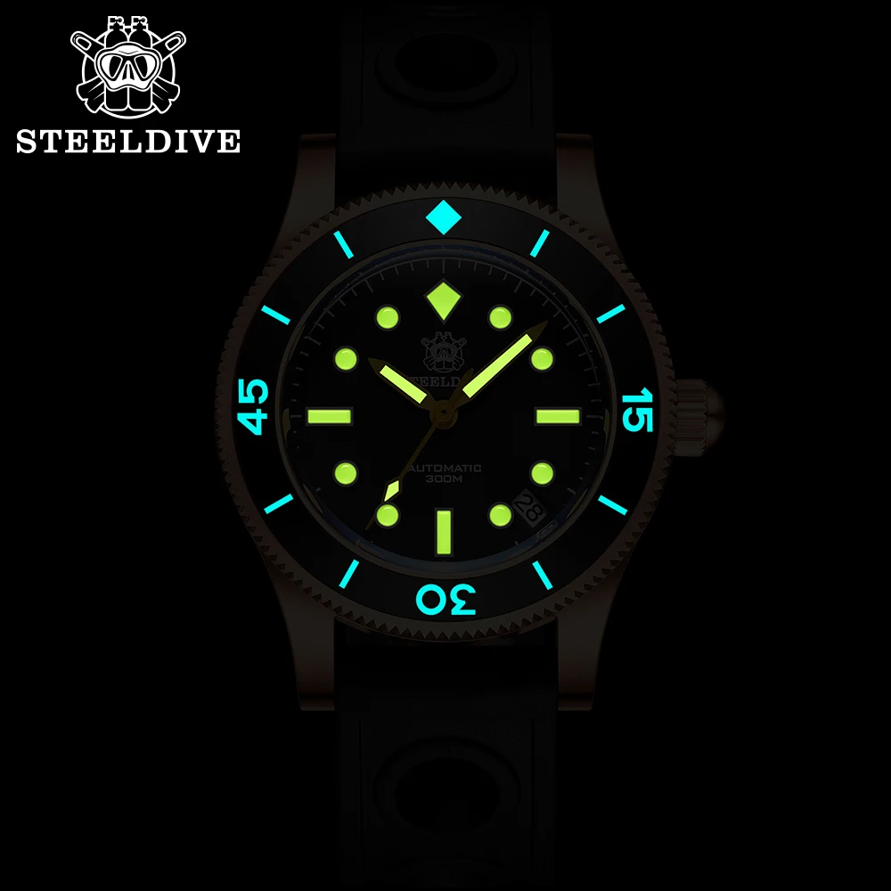 للبيع ساعة بحزام مطّاطي من Steeldave SD1952S حافظة بلون برونزي متين 300 متر مقاوم للماء من الياقوت الزجاجي ساعة غوص احترافية فائقة مضيئة أوتوماتيكية