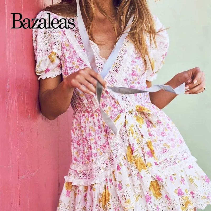 

Lace Patchwork Women Summer V Neck Dress Vintage Puff Short Sleeve Slim Floral Print Dresses