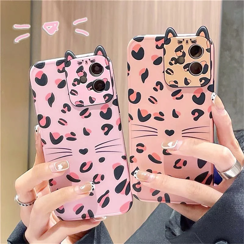 

Korea Cute Cat Ear Leopard Print Phone Case For iPhone 11 12 Pro XS Max Mini X XR 7 8 Plus SE Stylish Soft Shockproof Back Cover
