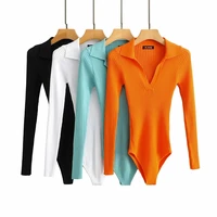 one piece women knitted solid turn down collar long sleeve black white orange blue v neck bodysuit bodycon jumpsuit
