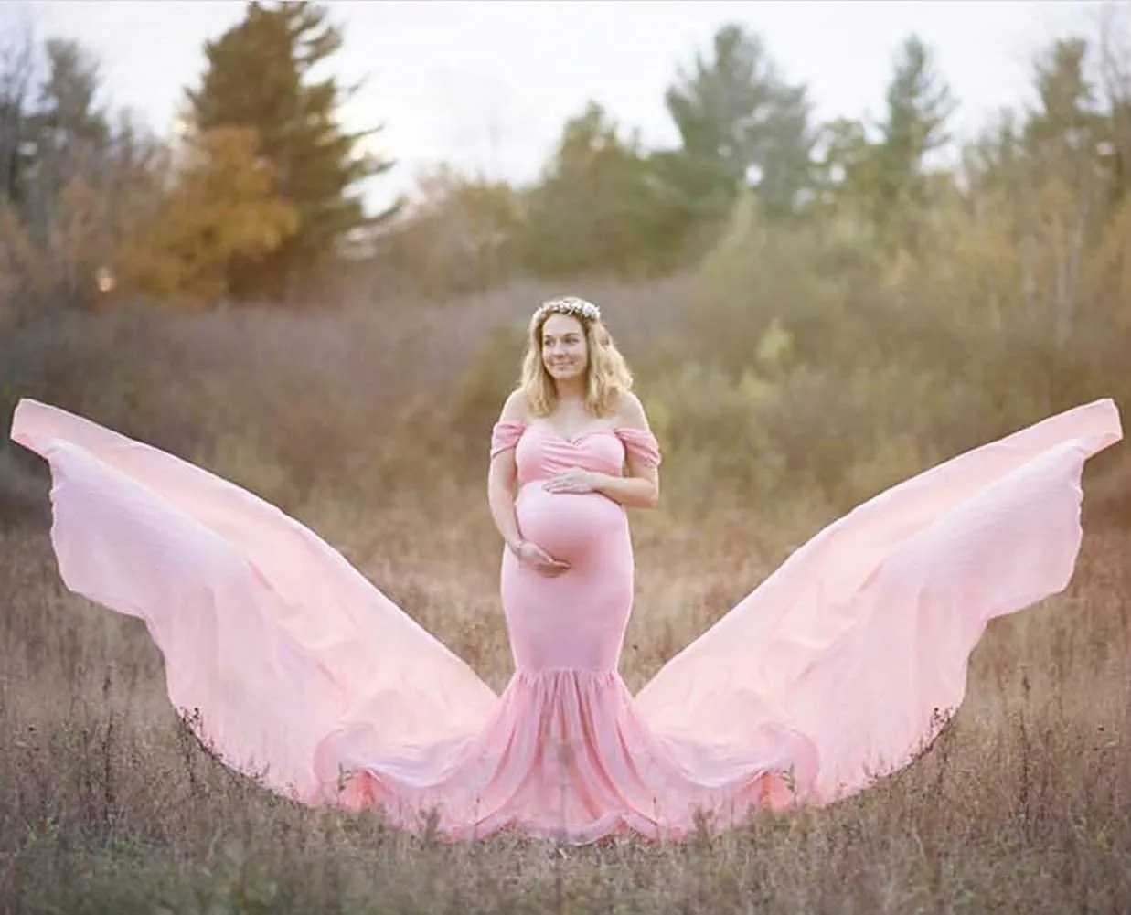 Шифоновое платье Русалка для беременных с открытыми плечами свадебное макси