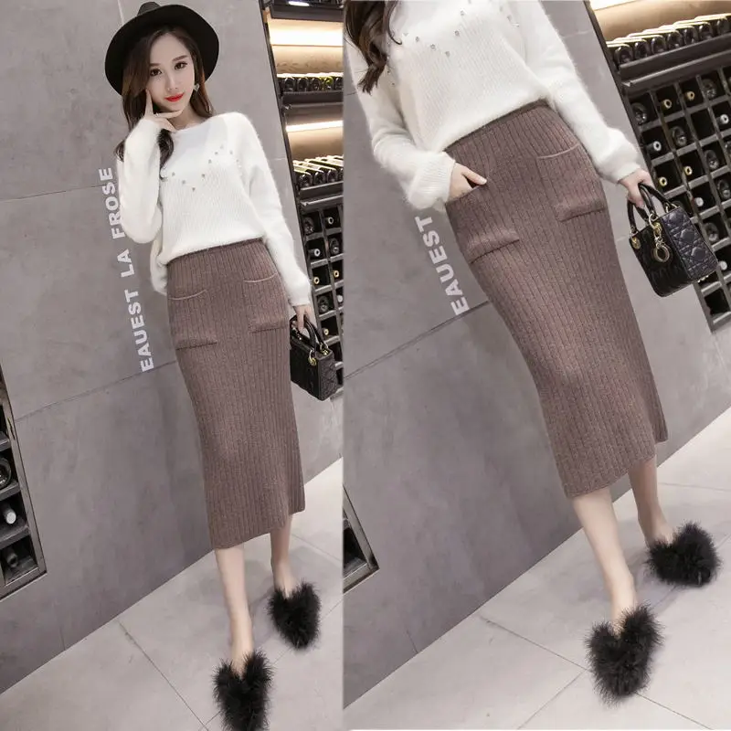 Модное зимнее классическое пальто с эластичной резинкой на талии вязаные