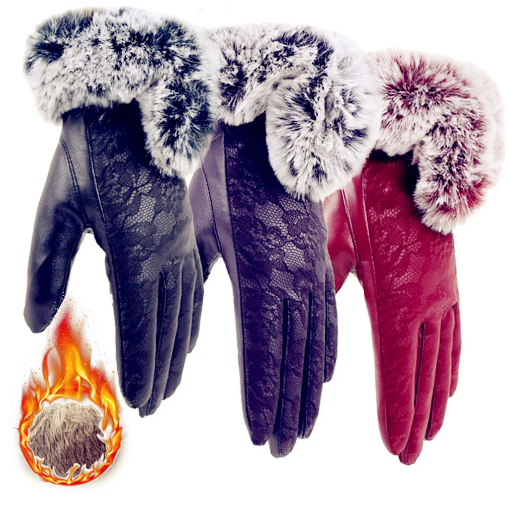 

Leather Glove Women's Cycling Keep Warm Winter Velvet Mitten Lace Gloves Cycling Mittens For Phone Outdoor Electric Car Red 2020