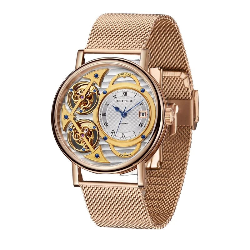 

NEW REEF TIGER BRAND FASHION WATCHES MENS SKELETON MECHANICAL WATCH ROSE GOLD CASE WIT STEEL BRACELET ULTRA THIN WATCHES RGA1995