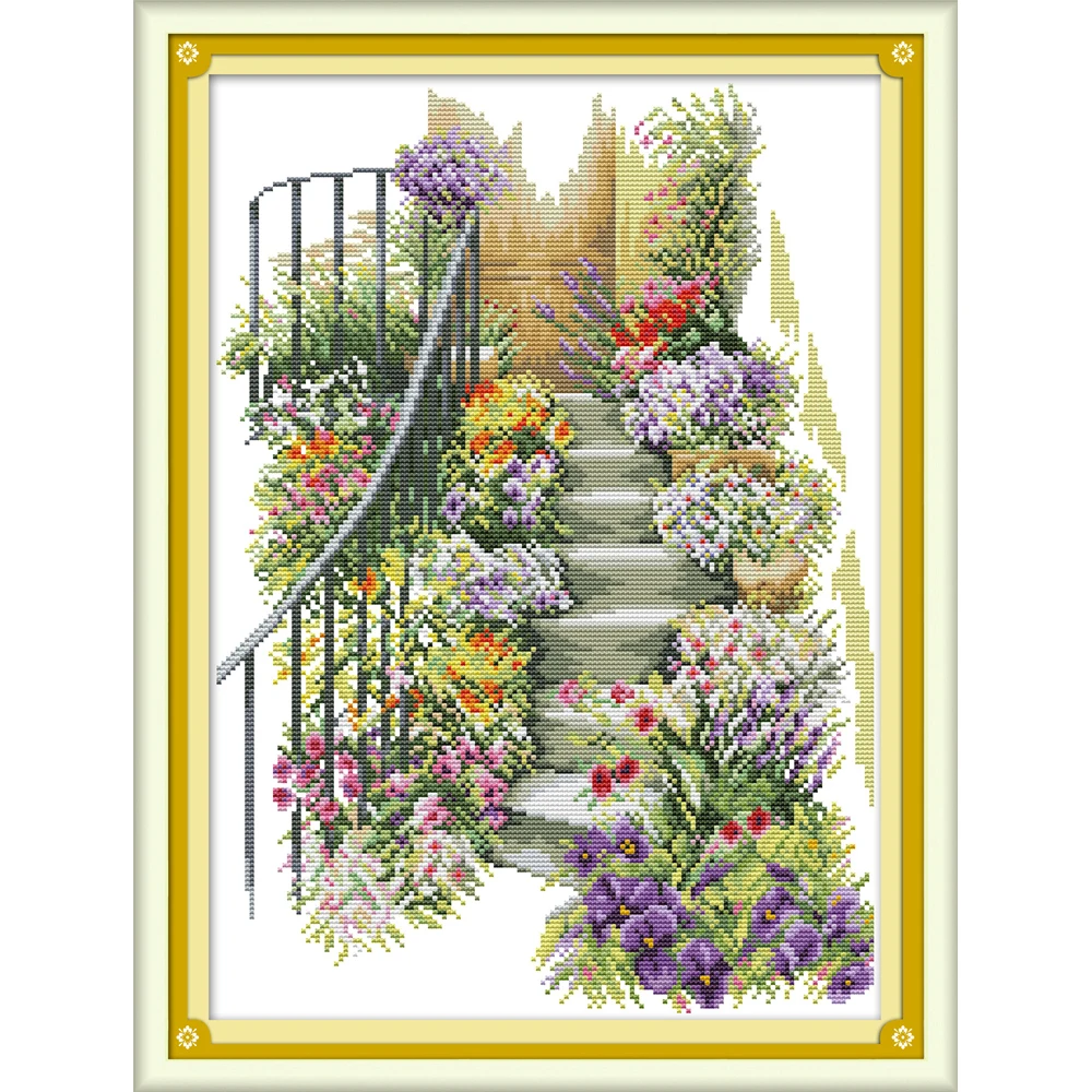 

Joy Sunday Flower Stairs Chinese Cross Stitch Kits Ecological Cotton Clear Stamped Printed 11CT DIY Wedding Decoration For Home