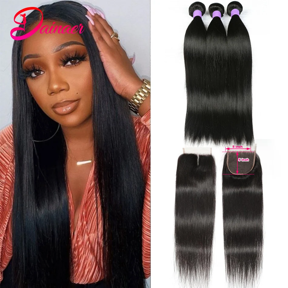 Bone Straight Bundles With Closure 3 Bundles With 5x5 Lace Closure Remy Hair Indian Straight Human Hair Bundles With Closure