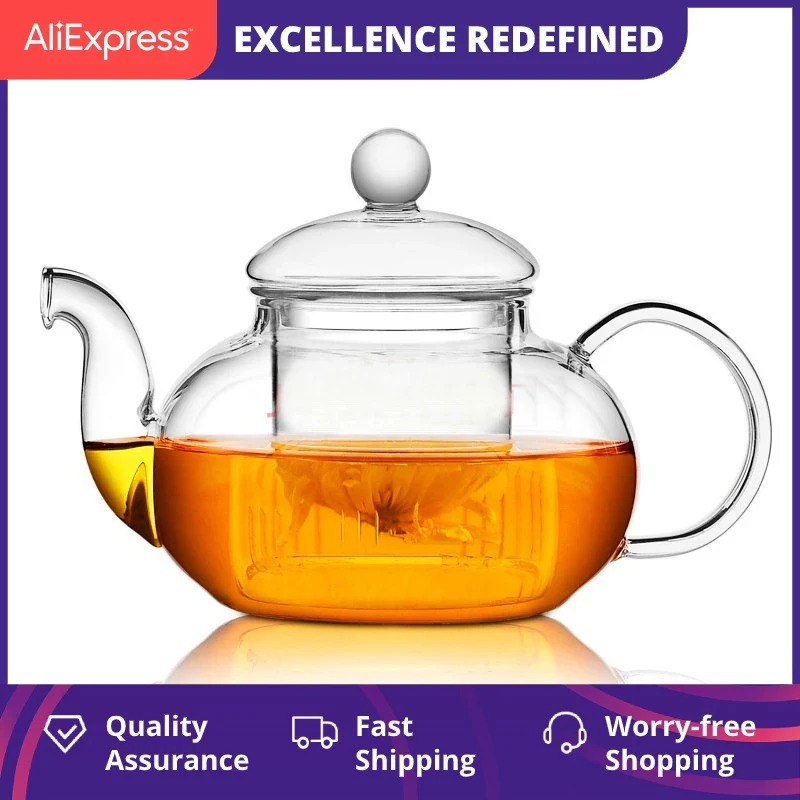 إبريق شاي زجاجي عالي الجودة مقاوم للحرارة ، إبريق شاي زجاجي عملي مع مصفاة أوراق الشاي والقهوة والأعشاب