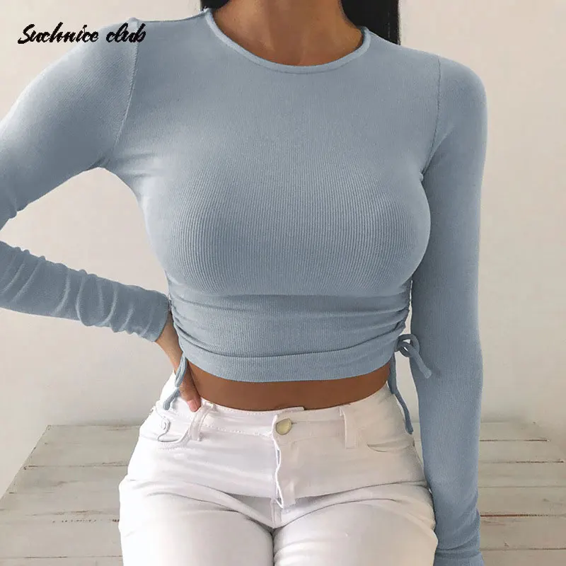 

Irregular Slim Fitted Crop Top Sexy Knitted Drawstring Bodycon T-shirt Long Sleeve Bandage Top Women 2020 Solid Fashion Tops