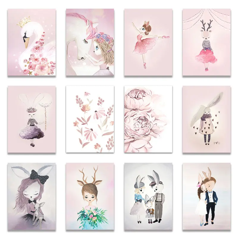 

Cartoon Girl Unicorn Swan Horse Flower Crown Wall Art Canvas Painting Kids Room Decor Nordic Posters And Prints Wall Pictures