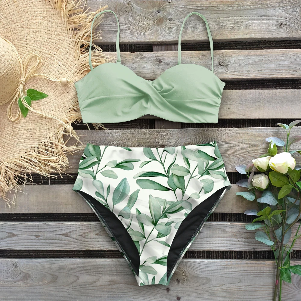 

2021 Sexy Leaf Print Bikini Female Swimsuit Women Swimwear Thong Push Up Bikinis Set High Waist Swimming Suits for Bathing Suit