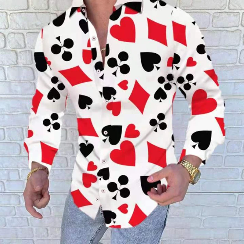 

2021 Men‘s Casual Shirts Fashion Playing Card Printed Tops Long Sleeve Male Shirt Autumn Slim Fit Men Clothing Vintage Clothes