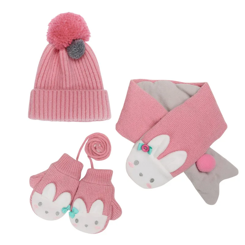 pink rabbit 3pcs set Новинка года, осенне-зимняя шапка шарф перчатки для девочек комплект из 3 предметов, толстый Детский набор из шапки и шарфа, Детские шапочки для мальчиков, шапки, Детская шляпа, шарф, комплект - Цвет: pink rabbit 3pcs set