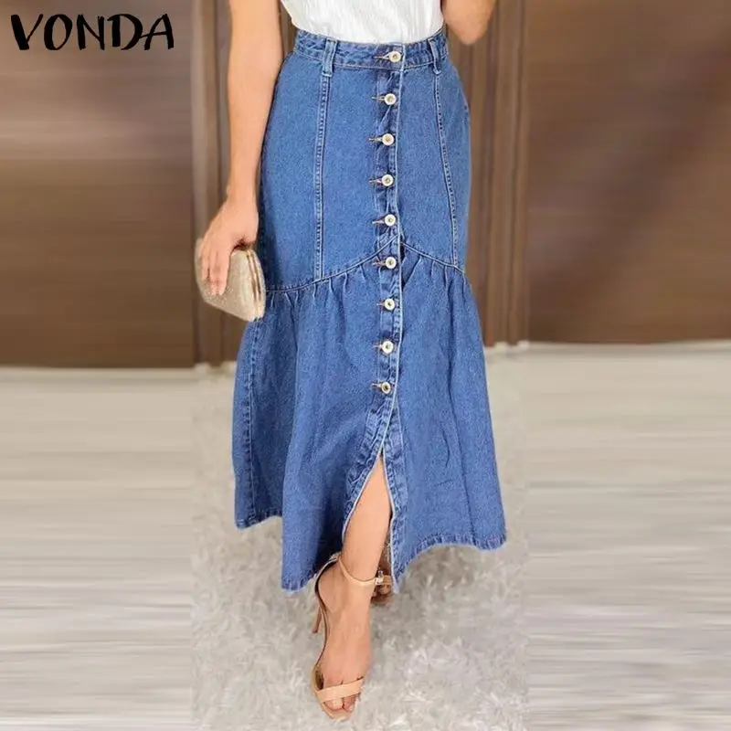 

Autumn Denim Skirts VONDA 2021 Women Casual Solid Women High Waist Pleated Party Midi Skirt Button Long Skirts Faldas De Mujer