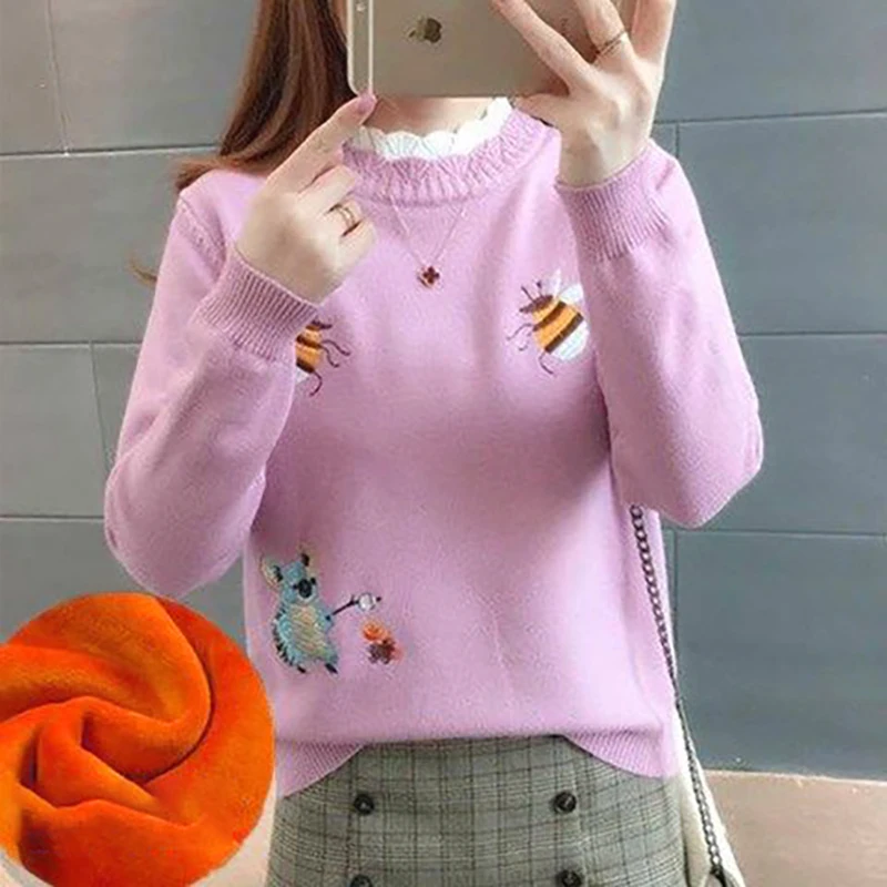 

Japanese Casual Bee Embroidery Turtleneck Women Knitted Sweater Winter Fleece Warm Lace Jumper Cartoon Cute Girl Y2K Clothes