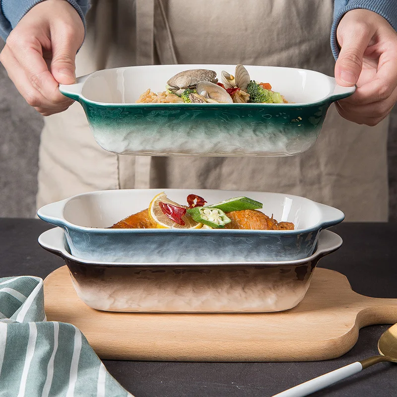 

Nordic simple tableware ceramic square bowl personalized baked rice bowl household bakeware oven baking binaural rectangular pla