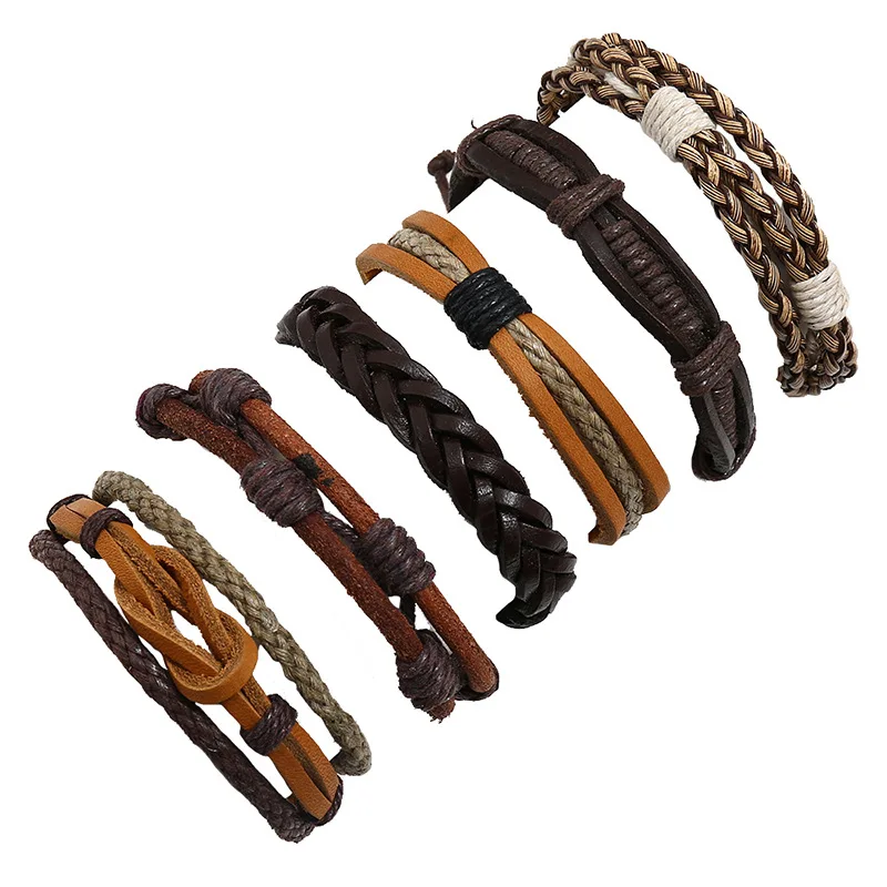 

6 pcs/set Handmade Braided Bangles Ethnic Tribal Genuine Leather Wrap Charming Male Brown Cowhide Bracelets Adjustable Wristband