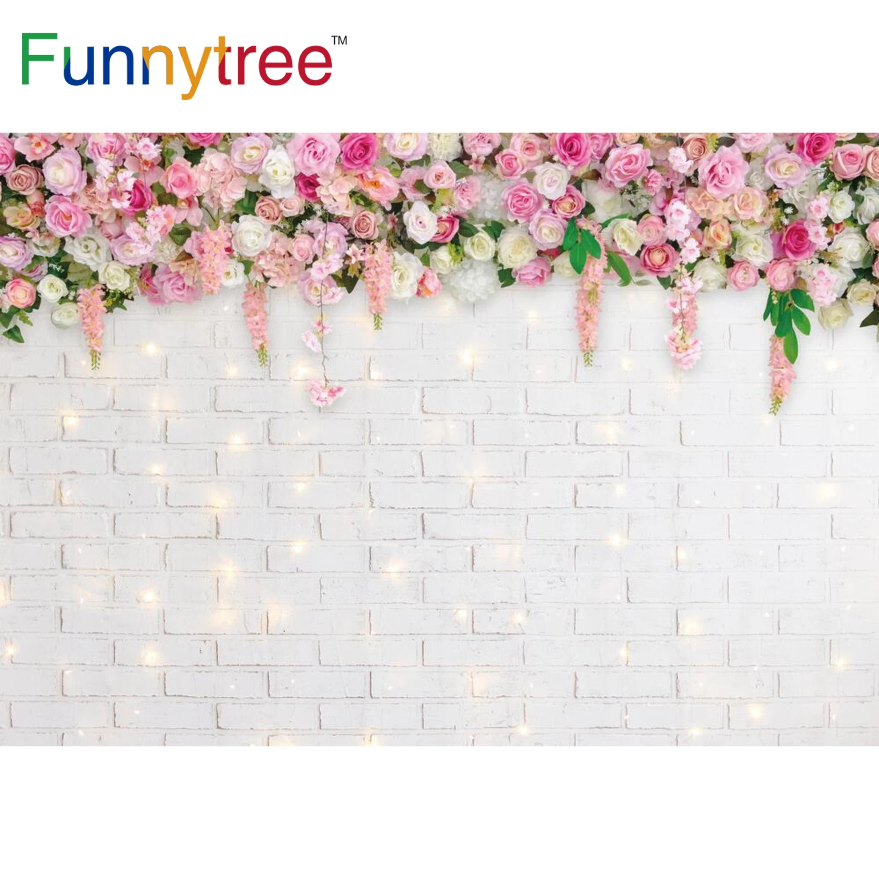 

Funnytree Valentine's Day Photo Background Glitter White Brick Wall Flowers Wedding Photobooth Decor Adult Anniversary Backdrop