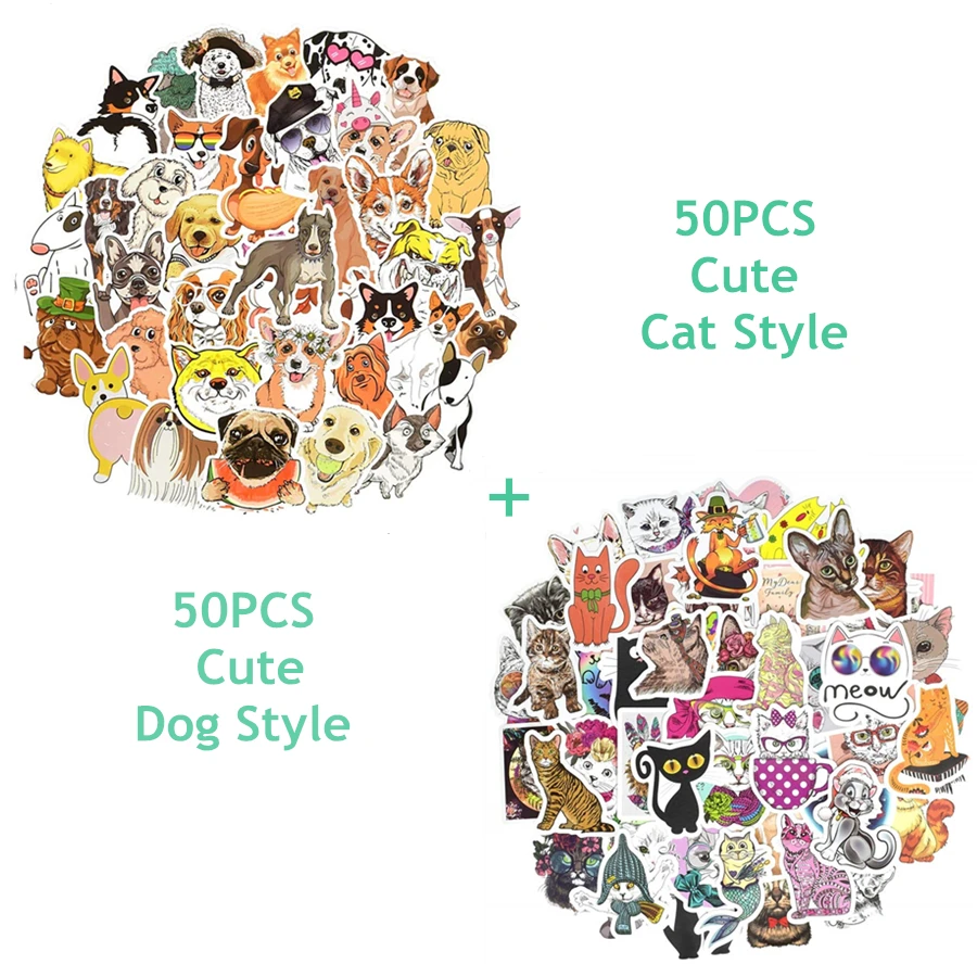 

50/100PCS Dog & Cat Animals Stickers for Kids Cute Cartoon Cat Dog Vinyl Stickers for Laptop Car Water Bottle Phone Case Decals