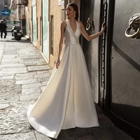 robes de mari%c3%a9e luxury matte soft satin a line wedding dresses sleeveless v neck halter french gowns backless button tailor made