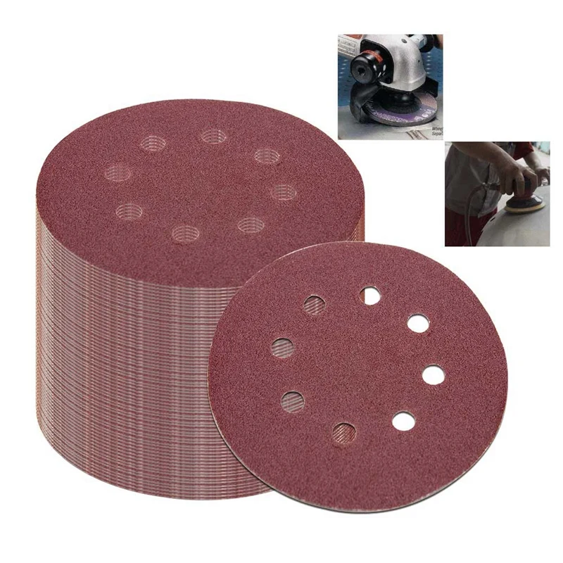 

GTBL 50Pcs 5 Inch 125Mm Round Sandpaper Eight Hole Disk Sand Sheets Grit 40/60/80/120/240 Hook And Loop Sanding Disc Polish