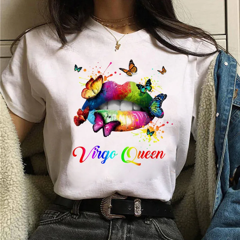 

Virgo Queen T Shirt Fashion Women T Shirt New Female Short Sleeve O-neck Tops Women Cute Color Butterfly Lips Printed Tee Shirts