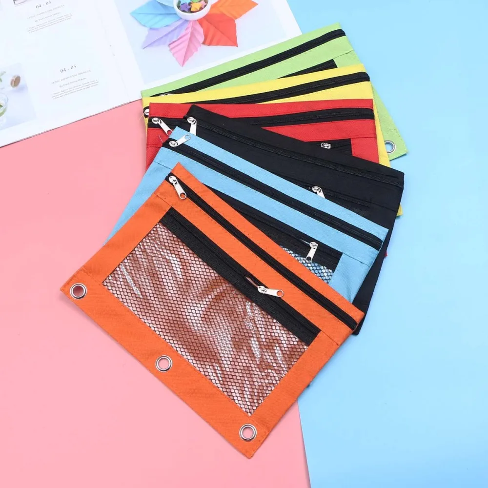 

6pcs Large Capacity Black Pencil Pouch with 3 Ring Canvas Portable Double Zipper Stationery Bag