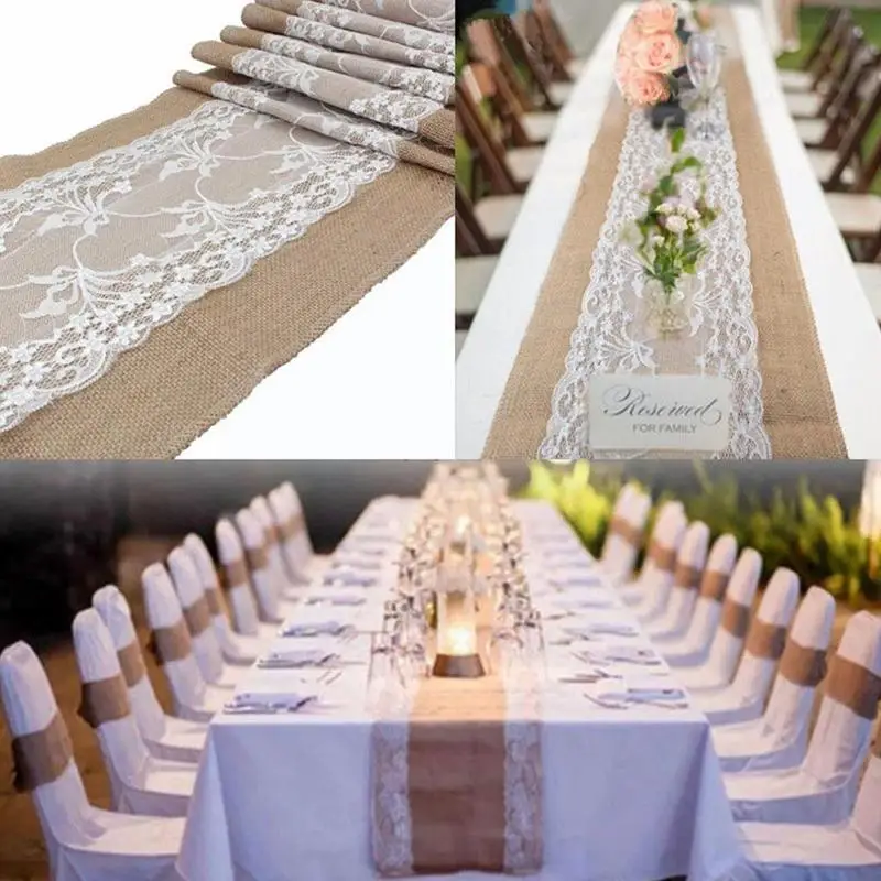 

Retro Burlap Linen Jute Table Gadget Champagne Wedding Room Cm Table Dining Table Cloth Christmas Runner Restaurant 30*275 P3R2