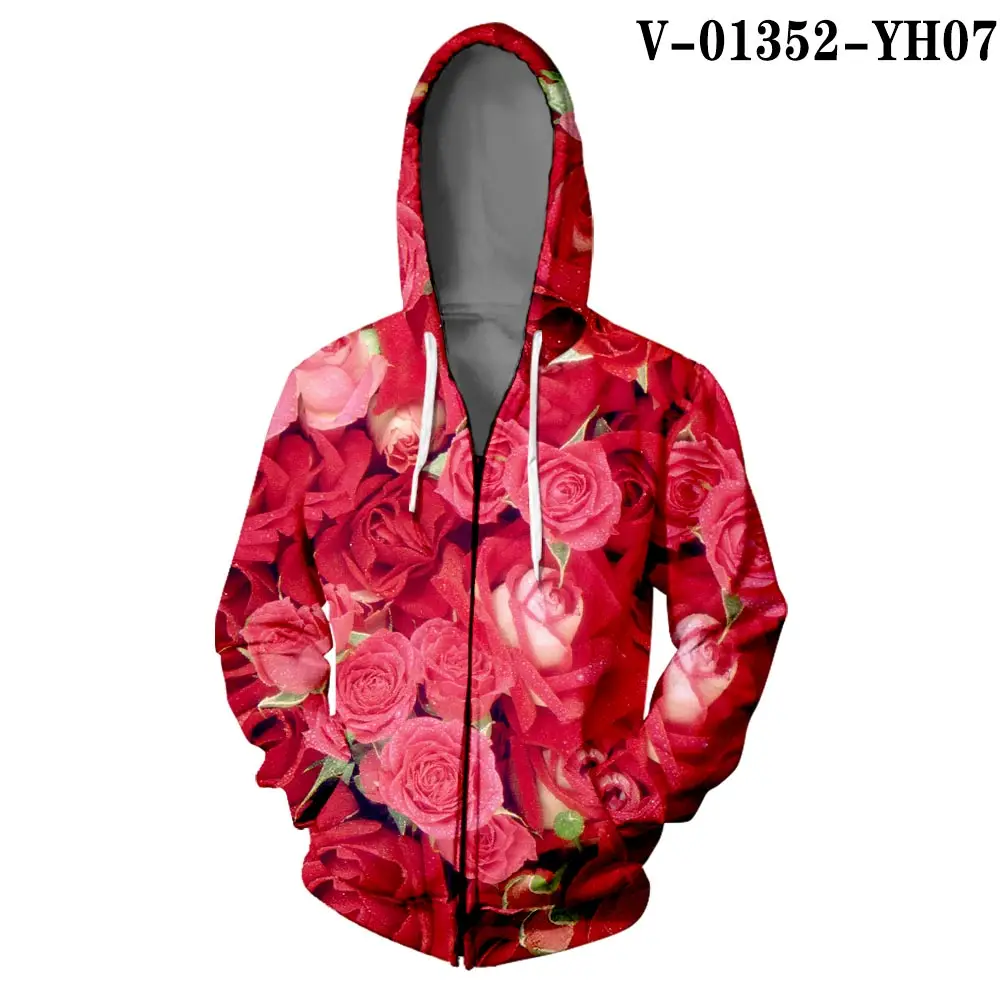 V01352 WAMNI толстовка на молнии с принтом розы 3D Harajuku уличная Толстовка Цветочная Куртка Свободная верхняя одежда толстовка с розой на молнии - Цвет: V01352