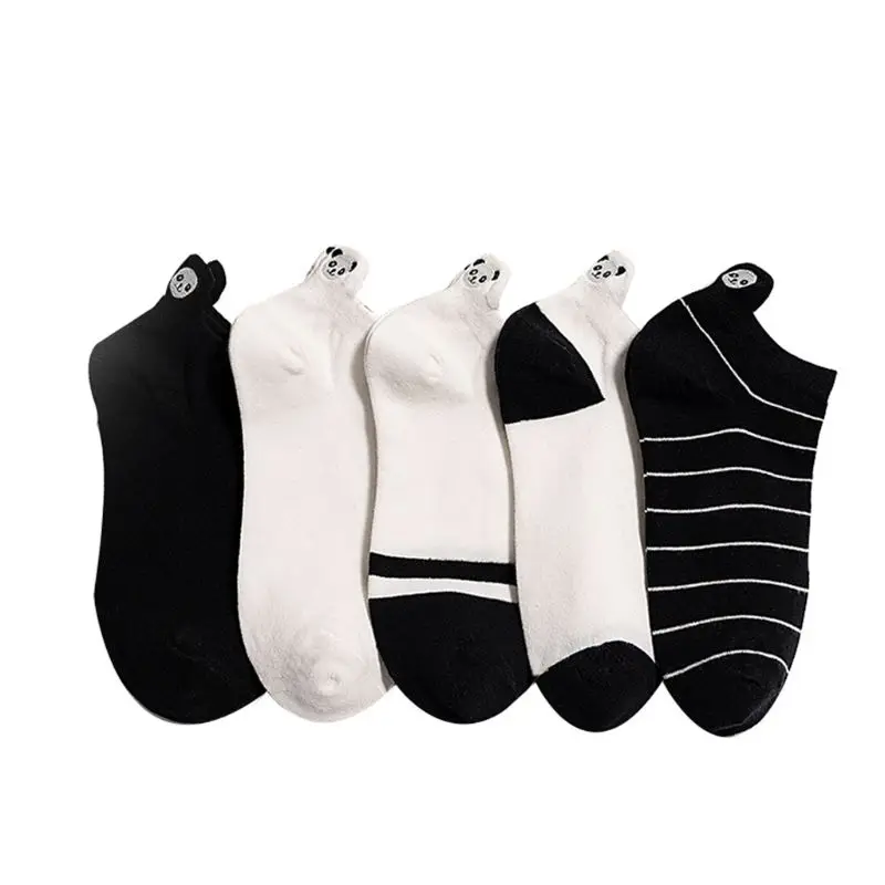 

Female Cute Panda Embroidery Cotton Boat Socks Black White Stripes Short Hosiery