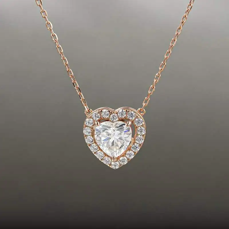 

Trendy S925 Silver 1 Carat D Color Heart Moissanite Pendant Necklace Women Plated Rose Gold Pass Diamond Tester with Gra Gift