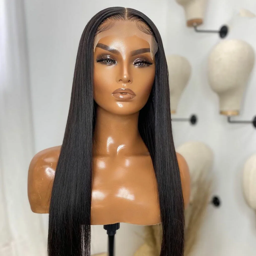 24 Inches Long Lace Frontal Wig With Baby Hair Middle Part Jet Black Silky Straight Pre Plucked Lace Wigs For Black Women