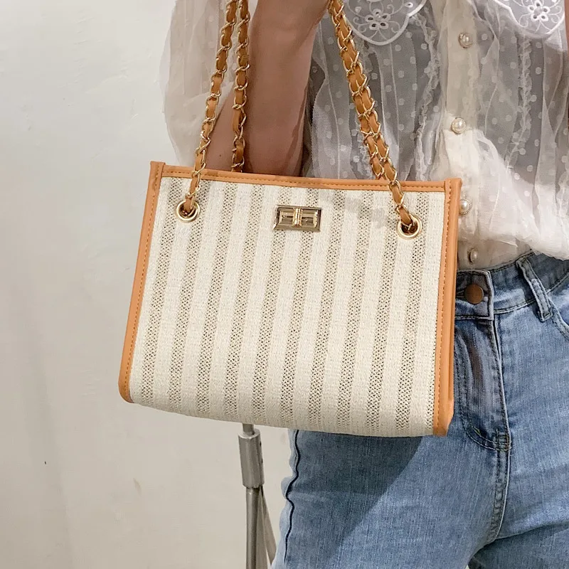 

Luxury Brand Women Shoulder Bag Stripe Chain Shopper Bag Contrast Color Tote Bag Female Famous Designer Crossbody Messenger Bags