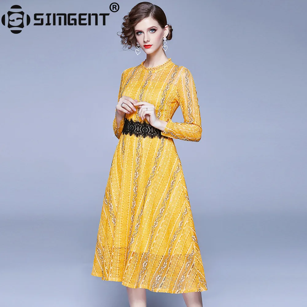 

Simgent Lace Patchwork Dress Womens O-Neck Stripe A Line Elegant Slim Party Work Dress Midi Vestidos Woman Clothing SG911122