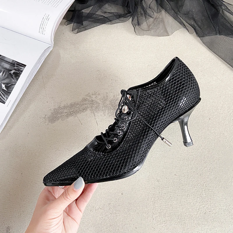 

ISNOM Fashion Ladies Mesh Pumps Thin High Heels Shoes Woman Lace Up Pumps Pointed Toe Women Shoes Breathable
