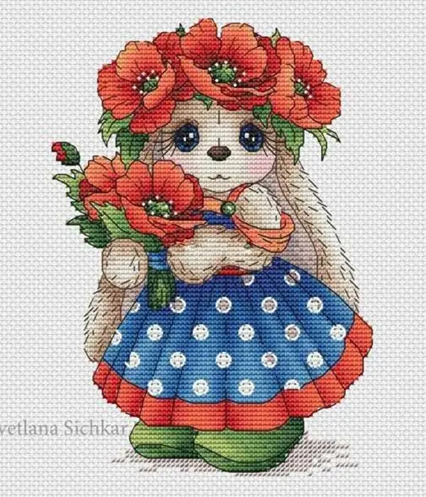 

Rabbit with poppy cross stitch aida 18ct 14ct 11ct black cloth people kit embroidery DIY handmade needlework