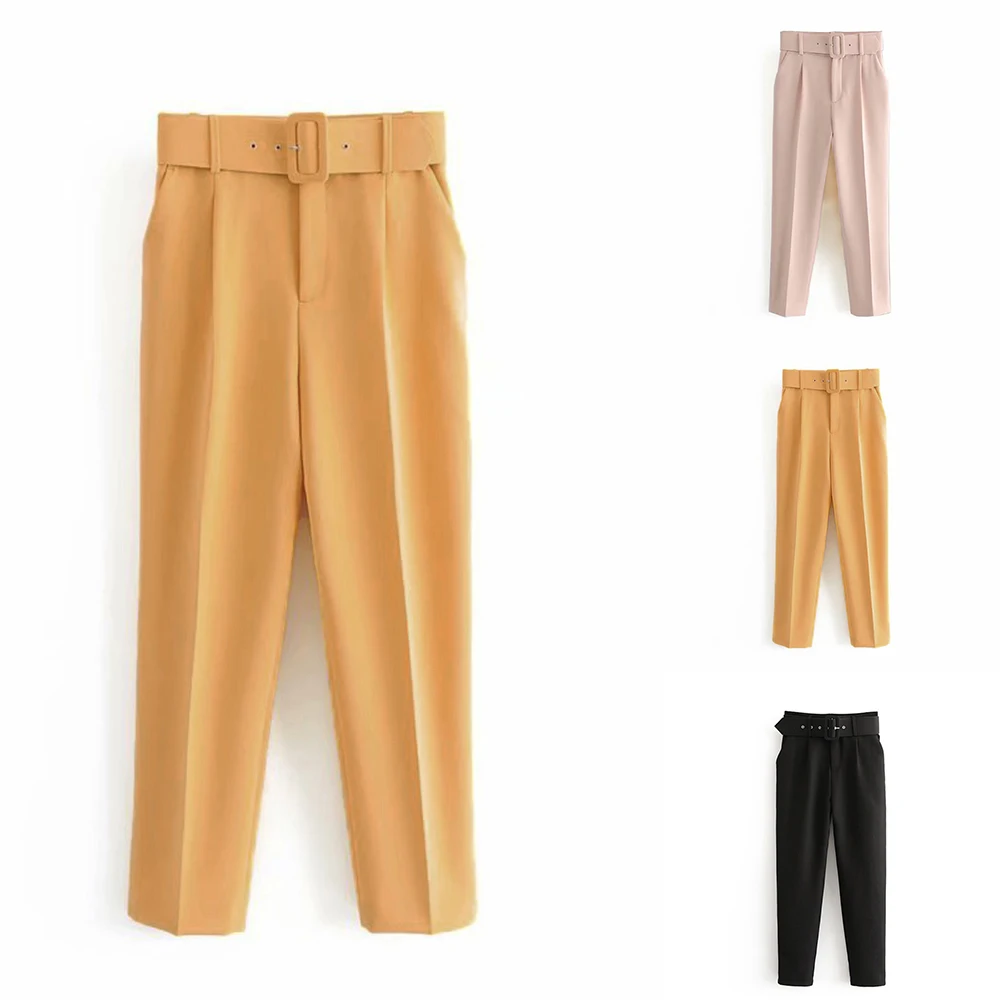

Women's High Waist Casual Suit Pants Belt Office Ladies Fashion Pure Color 2020 New Pants