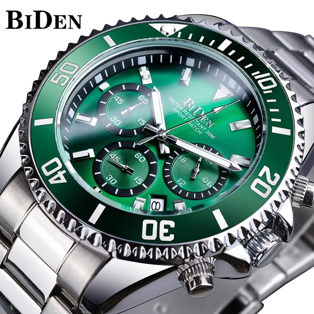 

BIDEN Мужские кварцевые часы с зеленым циферблатом, водонепроницаемые часы с хронографом из нержавеющей стали, светящиеся часы, Топ бренд, рос...