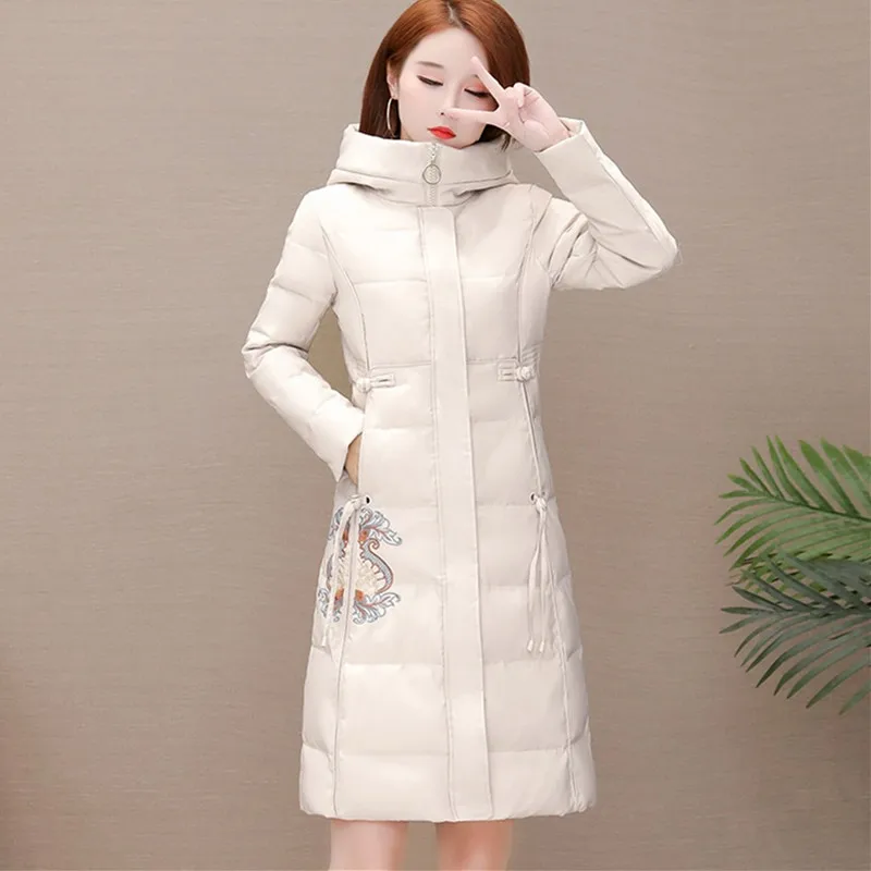 UHYTGF Jacket Women's Quality Down Cotton Coat Warm Winter Coat Fashion Embroidery Casual Big Size Outerwear Hooded Clothes 1142