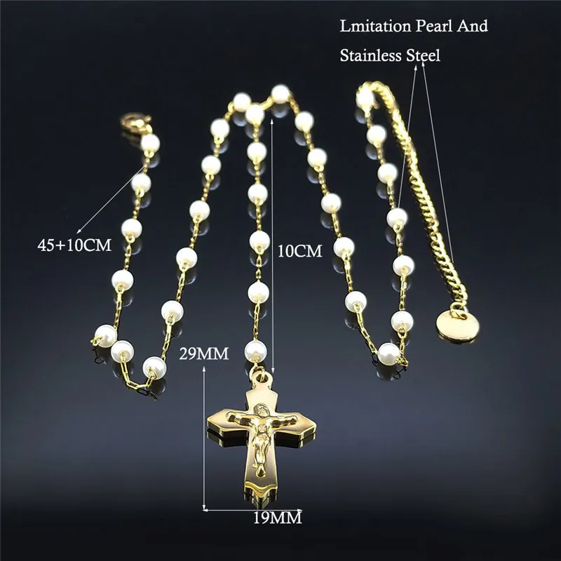 

Cross Jesus StainlessSteel Imitation Pearls Charm Necklace Christian Statement Necklace Gold Color Jewelry collares NXS05