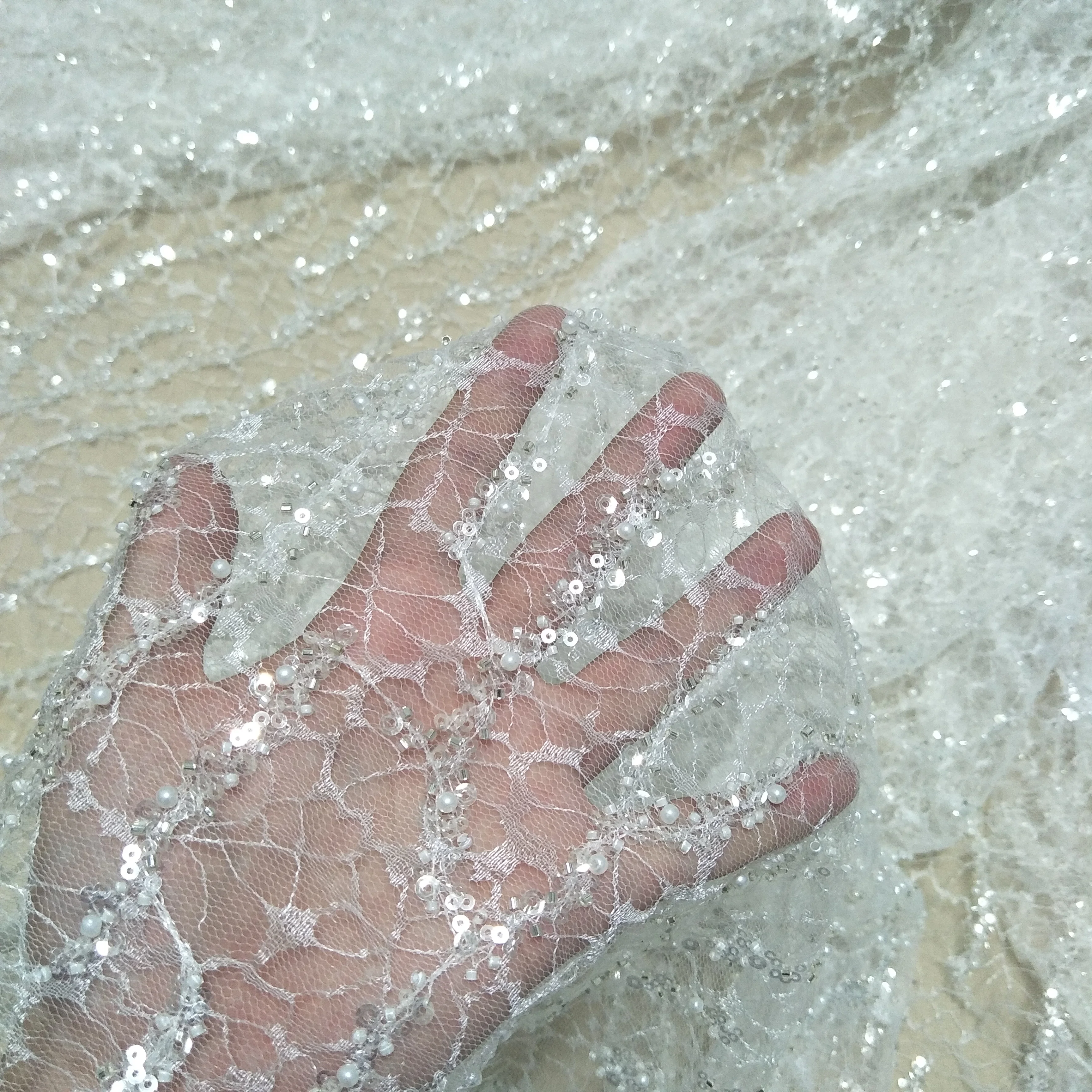 Блестящая кружевная ткань с жемчугом свадебное платье для невесты ширина 130 см -