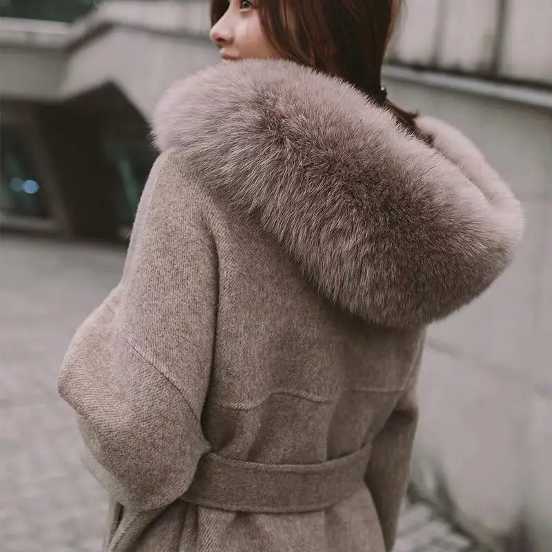 Корейское длинное кашемировое пальто с настоящим бренд Fox Fur Trim Hoodie теплое плотное пальто с большими карманами женская верхняя одежда зимнее пальто