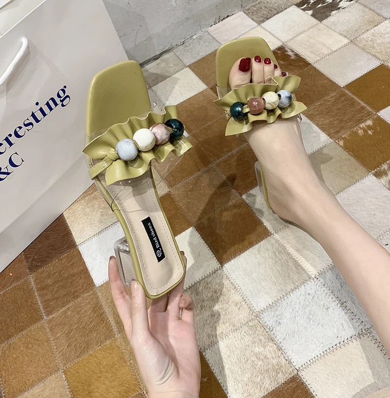 

Fashion Women Shoes Woman Mules 2020 New Summer Clear Transparent Ladies Shoes String Bead Crystal Shoes Thick Mid Heels Slides