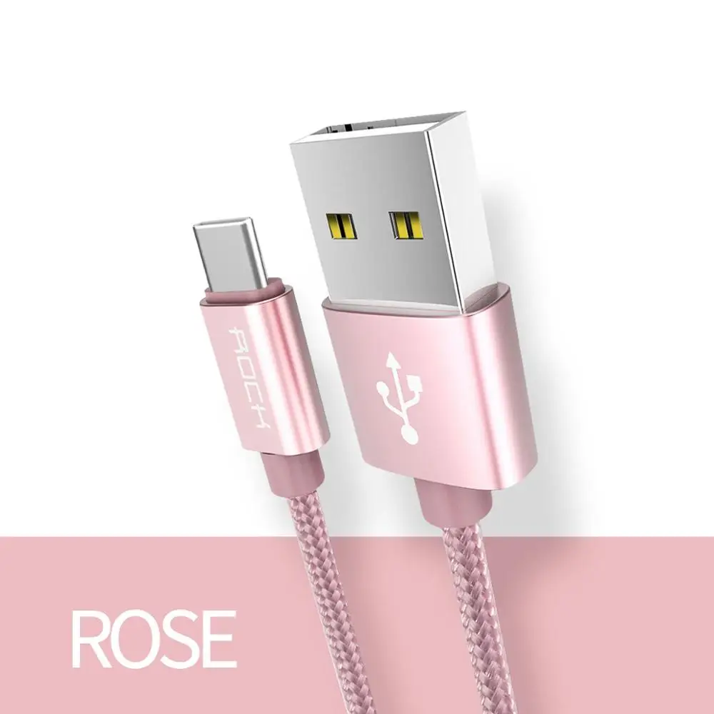 Rose Gold Кабель ROCK 3A 3,0 type-C для Xiaomi samsung Galaxy S8 OnePlus Nexus с нейлоновой оплеткой, зарядка, синхронизация, USB C, быстрая зарядка, USB-C зарядное устройство - Цвет: Rose Gold