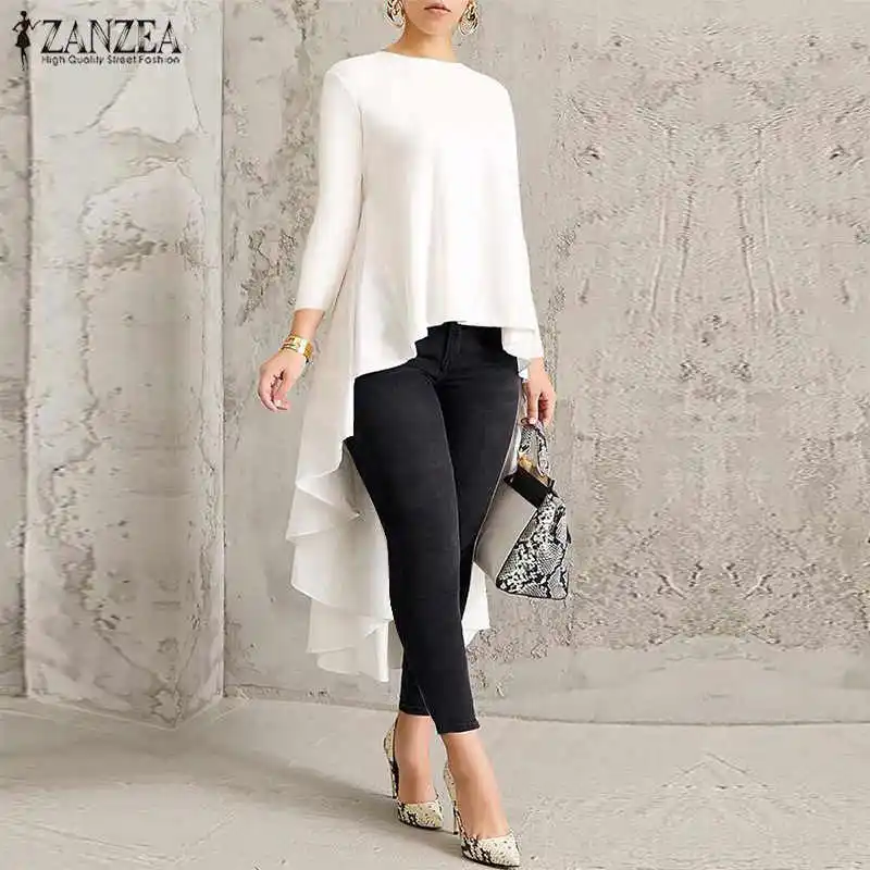 A Solid Off White Асимметричное Платье-туника Топ Для женщин Блузка Весна сорочка ZANZEA плиссированная рубашка с длинными рукавами Женский «ласточкиным хвостом» Блузы больших размеров - Цвет: A Solid Off White