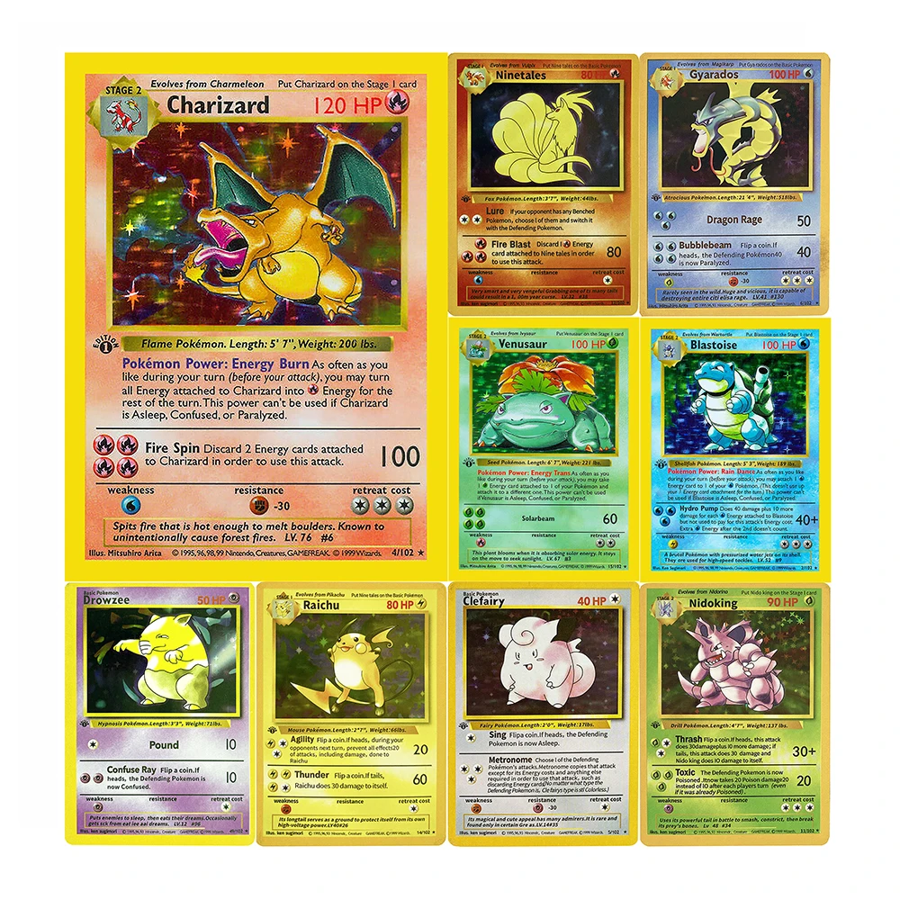 Juego de 10 tarjetas coleccionables de pokemon 1999, tarjetas de primera generaci&oacute;n, Charizard Raichu Mew Vulpix Venusaur-0