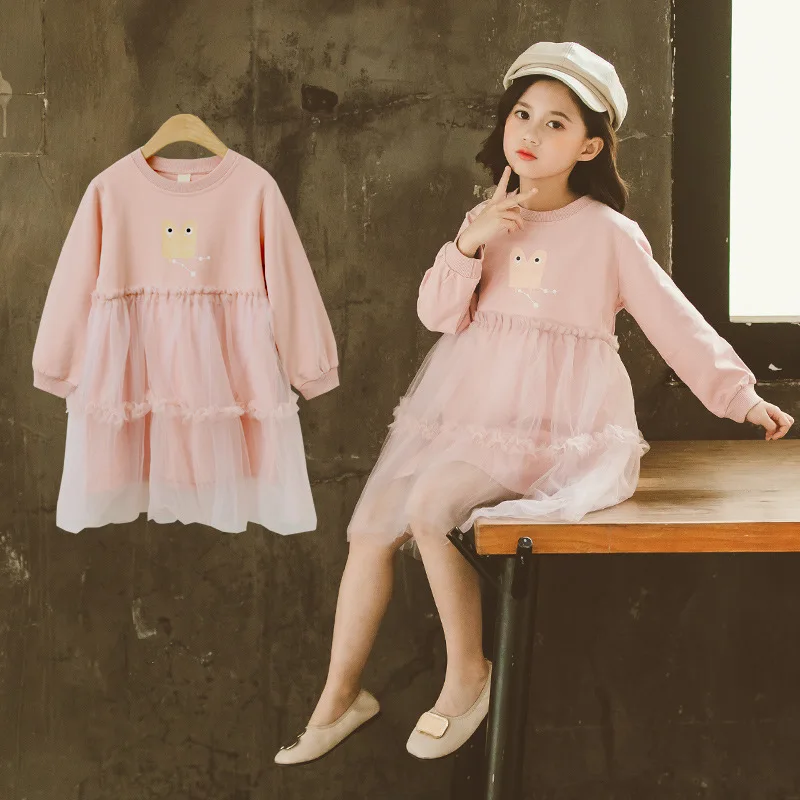 

2021 Children Girls Dresses Fashion Long Sleeve Pink Lace Clothes Spring Autumn Teenage Clothing Baby Dress Sweatshirt Dresses
