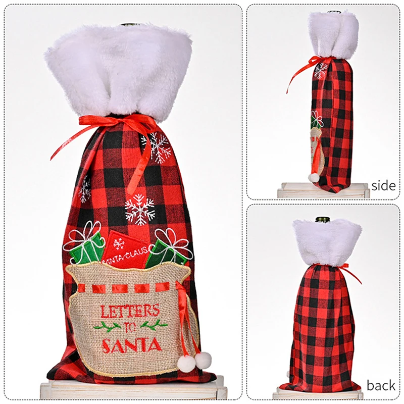 

Red Wine Bottle Bag Christmas Red and Black Lattice Embroidery Wine Bottle Cover