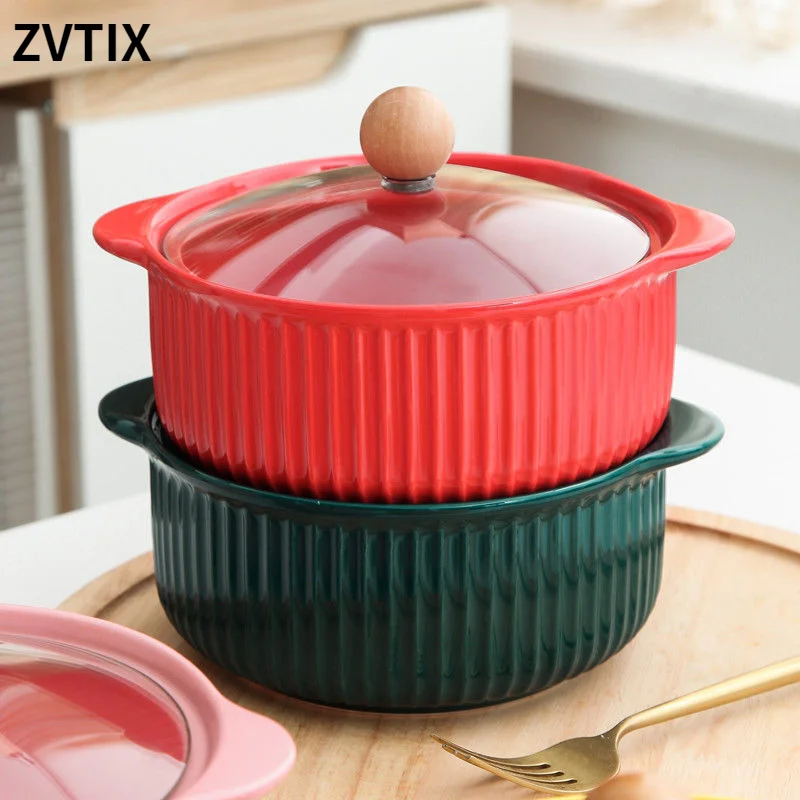 

Ceramic Instant Noodle Bowl With Cover Household Double Ear Soup Bowl Rice Bowl 1L Large Tableware Strip Dessert Plate Bento New